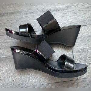 Ralph Lauren Womens Rhianna Black Double Strap Platform Wedge Slide Sandals 7.5B